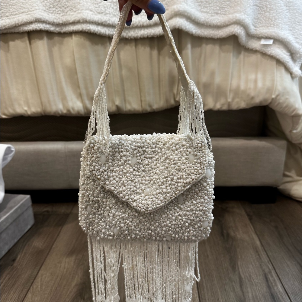Elegant White Beaded Fringe Bag